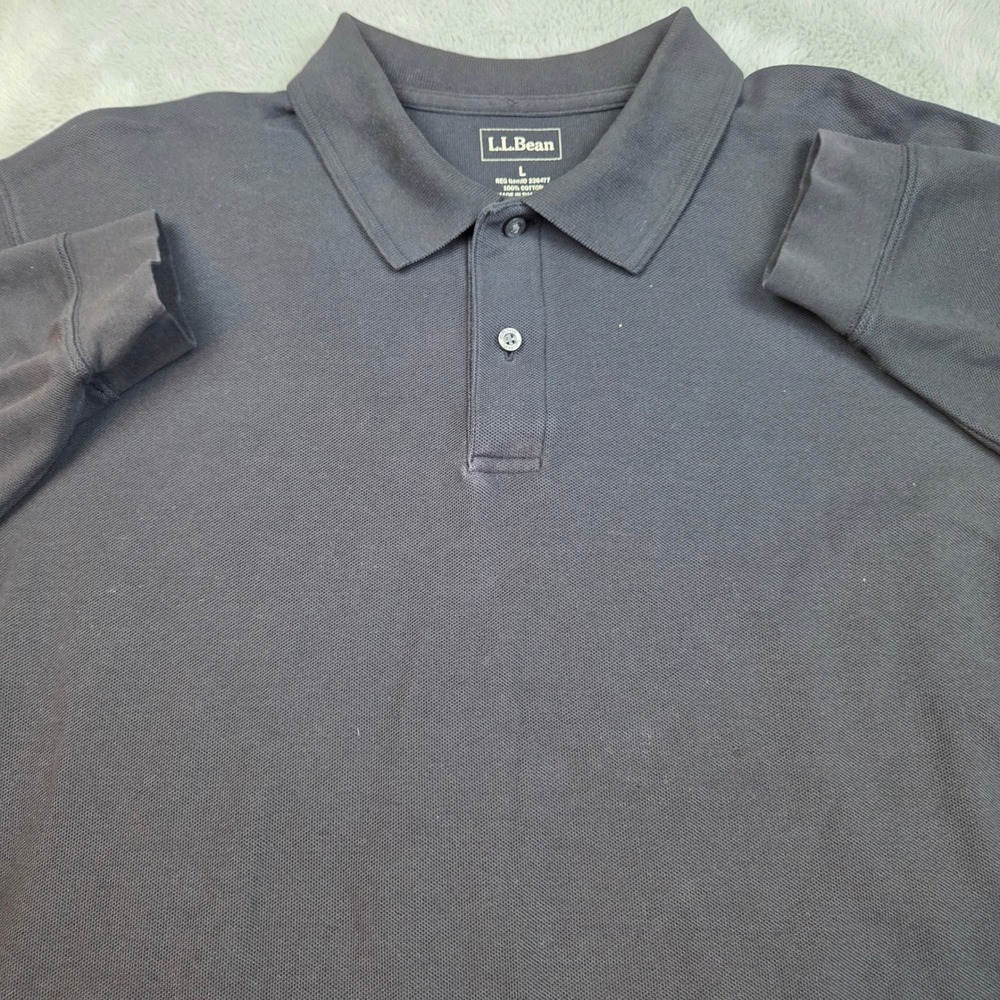 L.L. Bean Polo Shirt Mens L Long Sleeve Pique Knit Navy Blue 100% Cotton